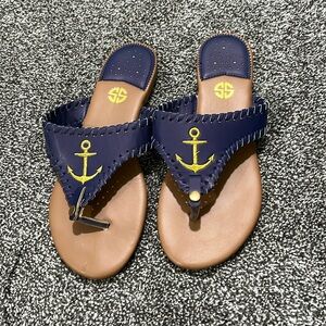 Simply Southern Navy Blue Thong Sandals with Gold Anchor Embroidery Size 8